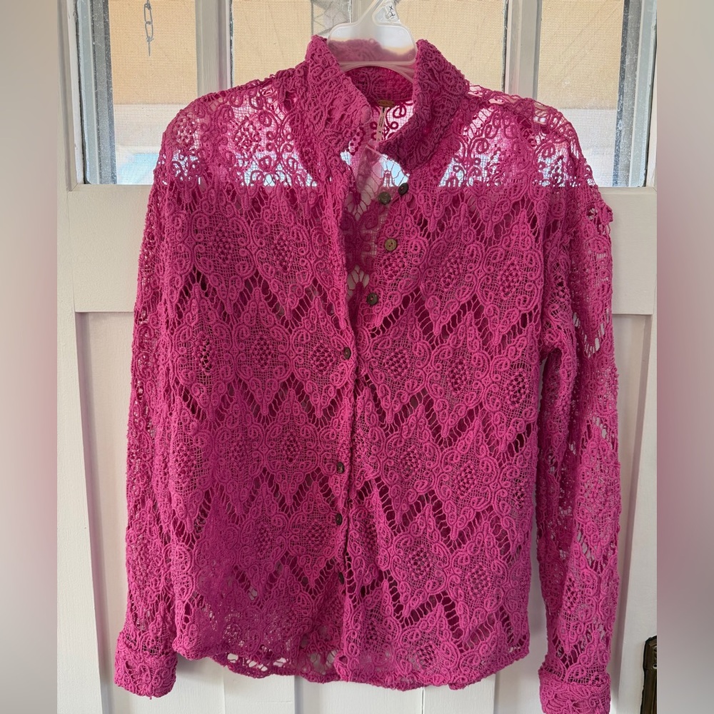 Free People Raspberry Crochet Lace Button-Front Blouse